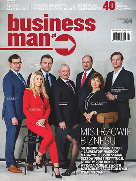 Laureaci nagrody #MistrzBiznesu 2018: Adam Mokrysz (Mokate S.A.),  Paweł Zaorski (Henkel Beauty Care Professional), Agnieszka Kłos (Provident Polska), dr Andre Helin (BDO Polska), prof. Piotr Buła (KSB UEK), Aneta Podyma-Milczarek (Unum Życie TUiR), prof Piotr Zapadka (Kancelaria Adwokacja Piotr Zapadka). Okładka magazynu Businessman. Biznesowa Fotografia Wizerunkowa Warszawa.