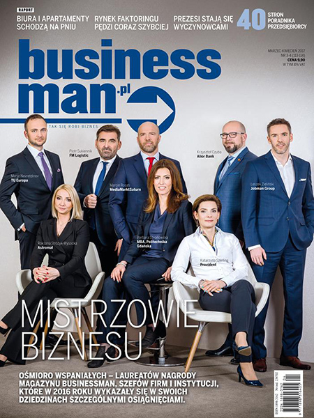 Laureaci nagrody #MistrzBiznesu 2016: Marat Nevretdinov (Prezes Zarządu Towarzystwa Ubezpieczeń Europa S.A), Roksana Stróżyk-Wysocka (Wiceprezes Zarządu Astromal), Piotr Sikiennik (Dyrektor Generalny na Europę Centralną FM Logistic), Marcin Rosati (Prezes Zarządu MediaMarkt Saturn Polska), dr Barbara Stepnowska (Dyrektor Programu MBS, Wydziału Zarządzania i Ekonomii Politechniki Gdańskiej), Katarzyna Szerling (Członek Zarządu Provident Polska), Krzysztof Czuba (Wiceprezes Zarządu Alior Bank), Leszek Zieliński (Prezes Zarządu Jobman Group). Okładka magazynu Businessman. Biznesowa Fotografia Wizerunkowa Warszawa.